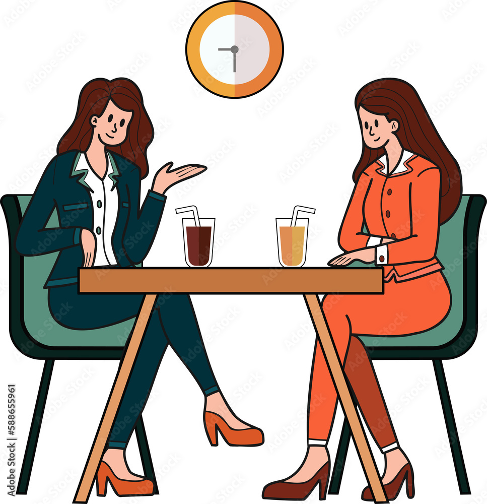 Female office workers sitting and chatting in a coffee shop illustration in doodle style Female office workers sitting and chatting in a coffee shop illustration in doodle style