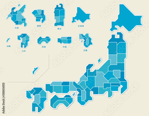 日本地図　色分け青　都道府県　イラスト