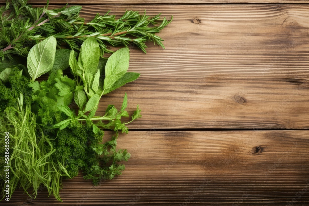 Fresh herbs on wooden background with space for text Fresh herbs on wooden background with space for text
