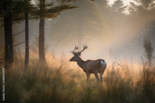 Enchanted Morning: A Deer in the Misty Forest created using generative AI