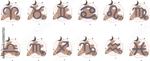 Vector set of zodiac signs. Magic cards. Mystical tarot cards. Retro-vintage engraving in boho style. Phases of the moon.