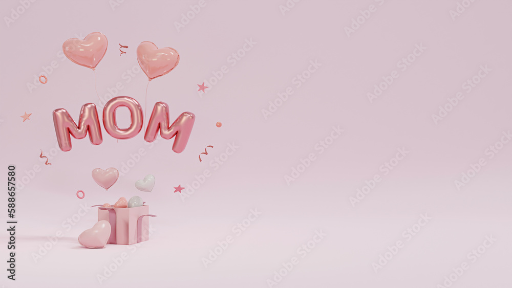 Happy Mother's Day background. Mom Text Metallic Rose gold foil balloons. 3D Illustration Golden Helium balloons.