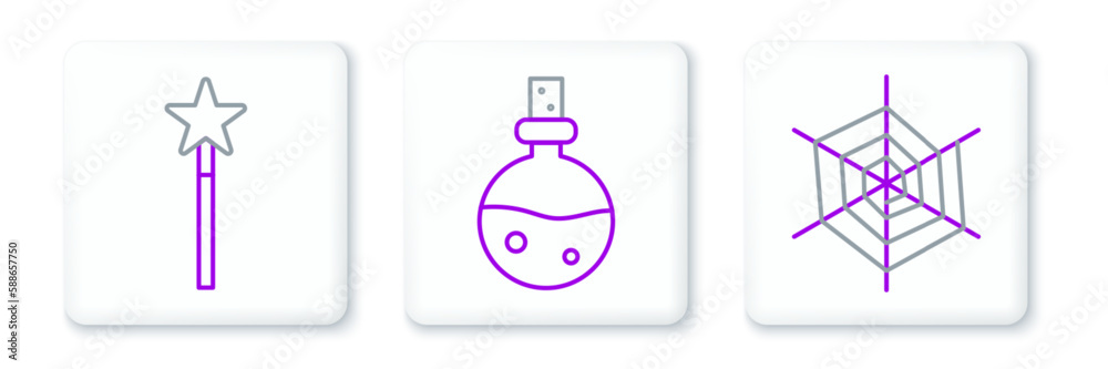 Set line Spider web, Magic wand and Bottle with love potion icon. Vector Set line Spider web, Magic wand and Bottle with love potion icon. Vector