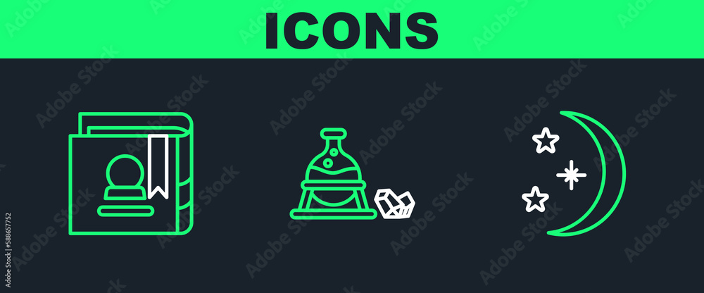 Set line Moon and stars, Ancient magic book and Witch cauldron stone icon. Vector Set line Moon and stars, Ancient magic book and Witch cauldron stone icon. Vector