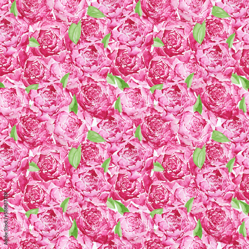 Fototapeta Naklejka Na Ścianę i Meble -  Pink roses seamless pattern. Hand-drawn watercolor floral endless print. Beautiful blossom illustration. Cute romantic flowers. Floral composition. Botanical background. Rose wallpaper.