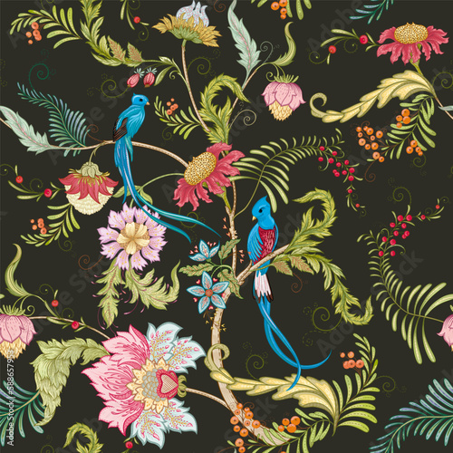 Fantasy flowers with bird of paradise quezal, in retro, vintage, jacobean embroidery style. Seamless pattern, background. Vector illustration.