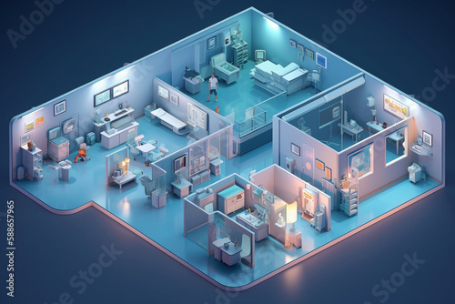 Health industry conceptual isometric illustration, clean business design template. Generative AI