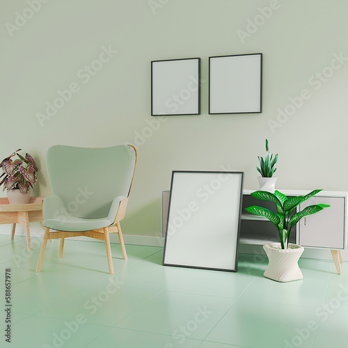 living room design. empty room design interio.Photo frame mock up 3d rendering