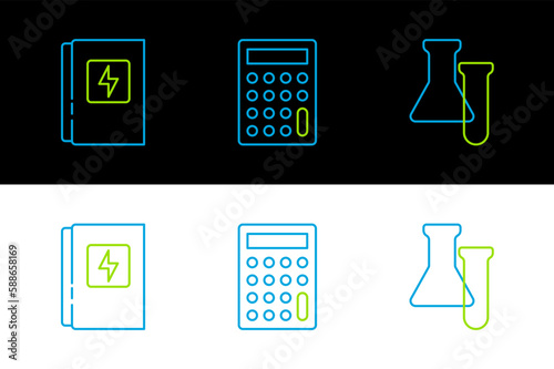 Set line Test tube and flask, Electrical panel and Calculator icon. Vector