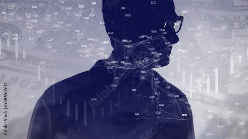 The idea of the shadow economy and illicit trafficking in funds. Specialist's dimmed silhouette on the background of calculations and banknotes.