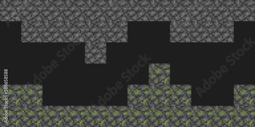Pixel mine style dungeon level background. Concept of craft game stone pixelated seamless horizontal landscape background with mossy cobblestone. Vector illustration