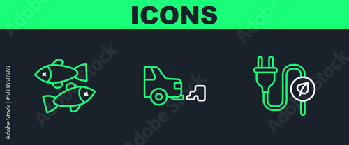 Set line Electric saving plug in leaf, Dead fish and Car exhaust icon. Vector