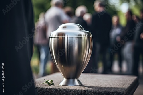 A metal urn at a funeral, with people mourning in the background on a memorial service.