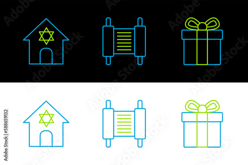 Set line Gift box, Jewish synagogue and Torah scroll icon. Vector