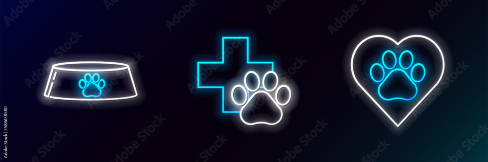 Set line Heart with animals footprint, Pet food bowl for cat or dog and Veterinary clinic symbol icon. Glowing neon. Vector Set line Heart with animals footprint, Pet food bowl for cat or dog and Veterinary clinic symbol icon. Glowing neon. Vector
