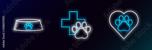 Set line Heart with animals footprint, Pet food bowl for cat or dog and Veterinary clinic symbol icon. Glowing neon. Vector