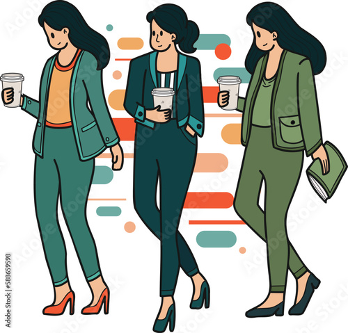 female entrepreneurs resting and drinking coffee illustration in doodle style