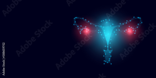 World ovarian cancer awareness day concept. Banner template with text and glowing low poly uterus and ovarian. Modern abstract dark background. Vector illustration