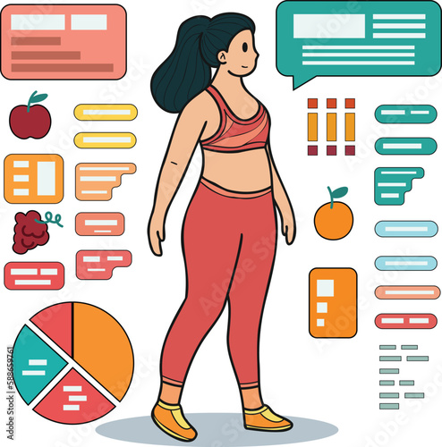 Fitness girl who loves health is losing weight illustration in doodle style