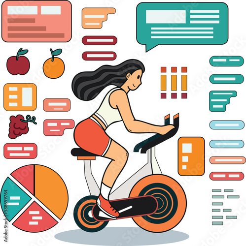 Fitness girl who loves health is losing weight illustration in doodle style