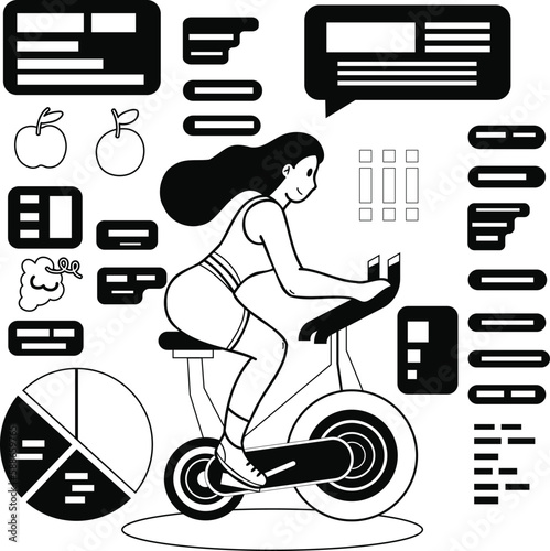Fitness girl who loves health is losing weight illustration in doodle style