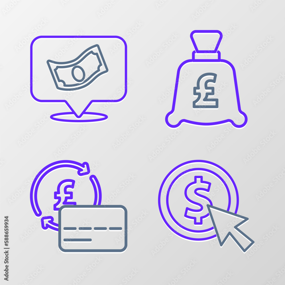 Set line Coin money with dollar, Credit card, pound and Stacks paper cash icon. Vector Set line Coin money with dollar, Credit card, pound and Stacks paper cash icon. Vector
