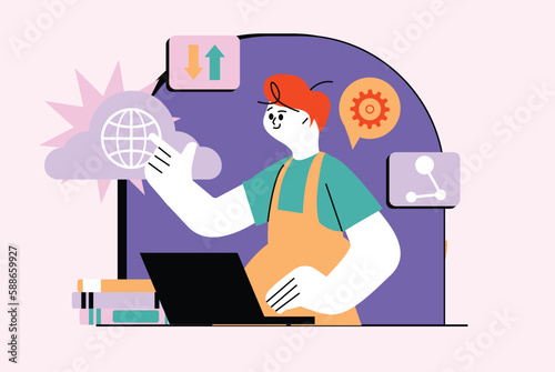 Cloud service waist high concept with people scene in the flat cartoon style. Technician uploads data and important information to the cloud storage. Vector illustration.
