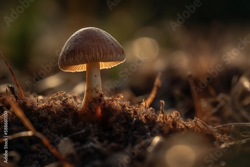 King Bolete Mushroom Emerging from Soil, Fragile Cap in Focus, Rich Dark Soil, Generative AI