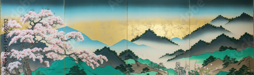 Cherry blossoms and misty moutains in vintage Japanese painting style. lacquer painting on gold foiled paper, byobu folding screen style. Wide header size format. Generative AI.
 photo