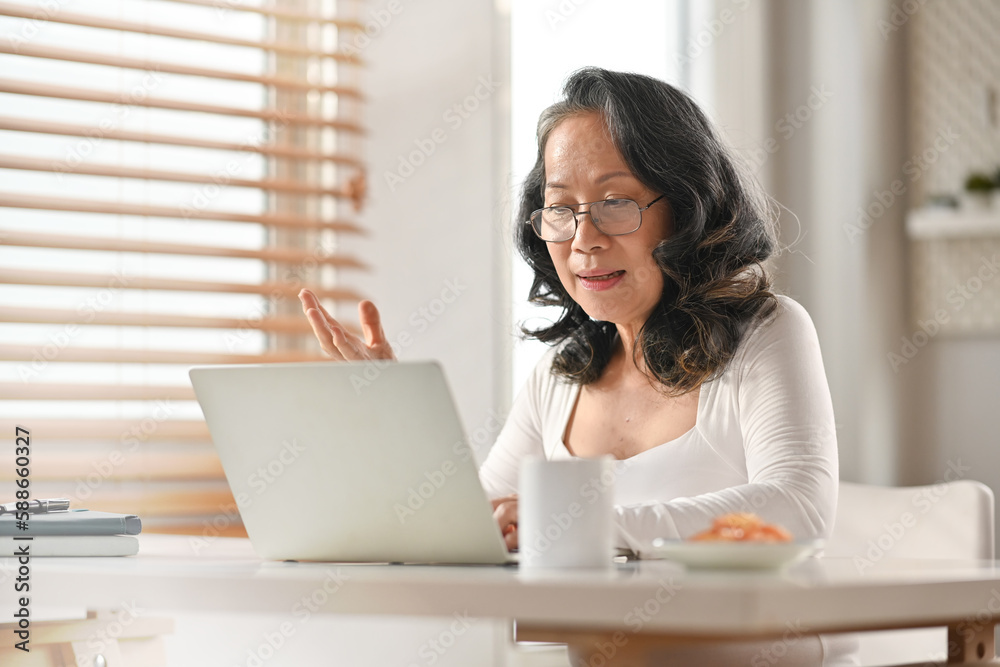Modern mature businesswoman having online video call conference on laptop. Distant communication, remote work concept Modern mature businesswoman having online video call conference on laptop. Distant communication, remote work concept