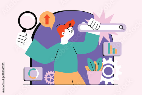 Boy surfing internet waist-high concept with people scene in the flat cartoon design. Guy is surfing the Internet and looking for interesting information. Vector illustration.