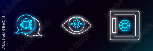 Set line Safe, System bug and Eye scan icon. Glowing neon. Vector