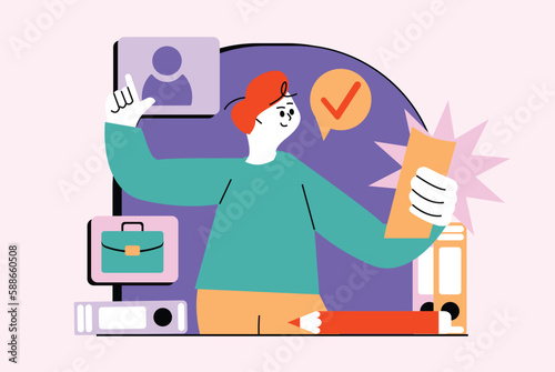 HR manager waist high concept with people scene in the flat cartoon design. Manager reviews the resumes of various candidates for the position of an employee of the company. Vector illustration.