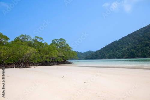View of Mu Ko Surin Nation Park, Beautiful white sand beach, and popular coral reef for snorkeling in Andaman, Thailand.