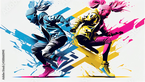 illustration of hype beast breakdancers  vector. grunge designs style. splash. pastel colors combination. AI generated 
