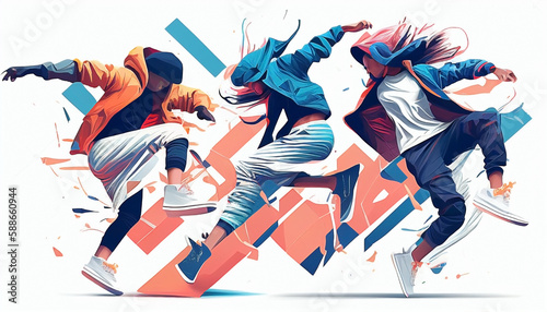 illustration of hype beast breakdancers, vector. grunge designs style. splash. pastel colors combination. AI generated  © ranchuryukin