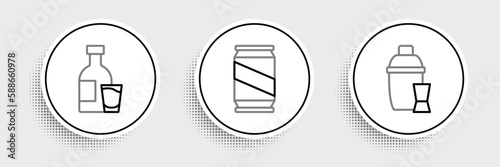 Set line Cocktail shaker, Bottle of vodka with glass and Beer can icon. Vector