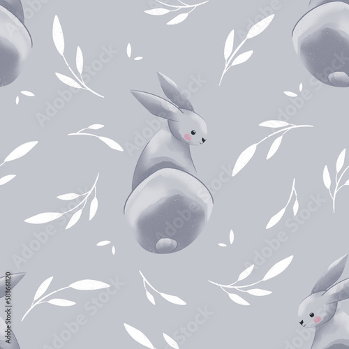 Seamless pattern with cute bunny and leaves in hand draw style on a gray background. Easter design. Children illustration.