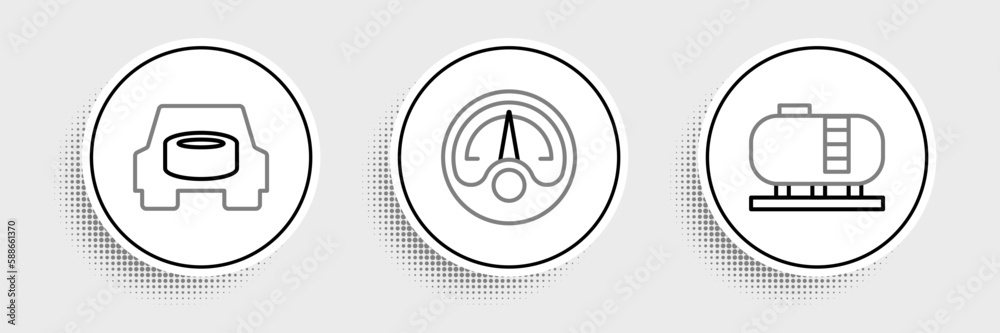 Set line Oil tank storage, Spare wheel in the car and Motor gas gauge icon. Vector Set line Oil tank storage, Spare wheel in the car and Motor gas gauge icon. Vector