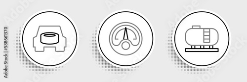 Set line Oil tank storage, Spare wheel in the car and Motor gas gauge icon. Vector