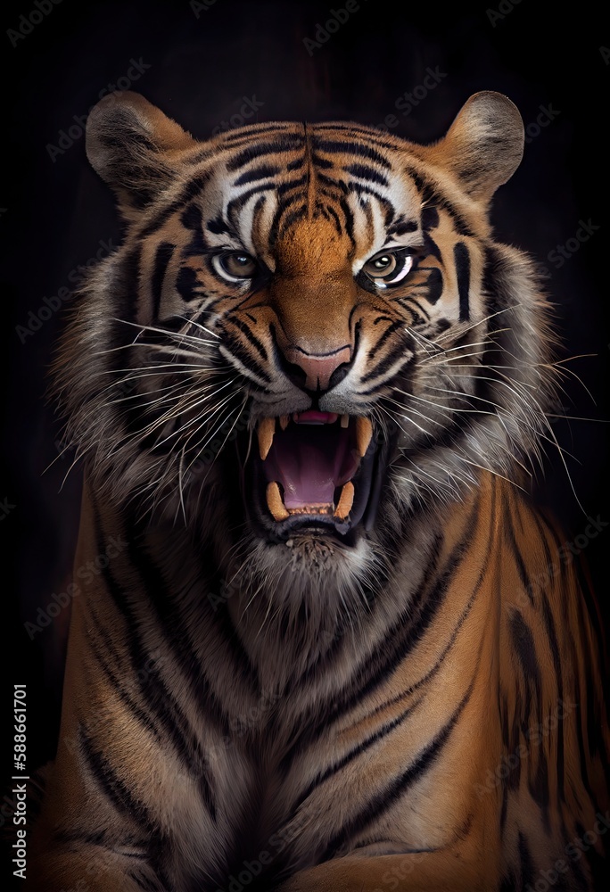 Fototapeta premium Tiger with its teeth bared, warning off potential predators, generative ai
