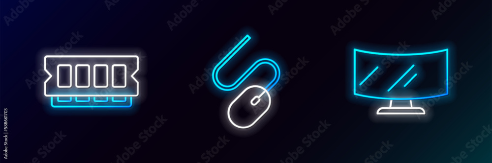 Set line Computer monitor screen, RAM, random access memory and mouse icon. Glowing neon. Vector