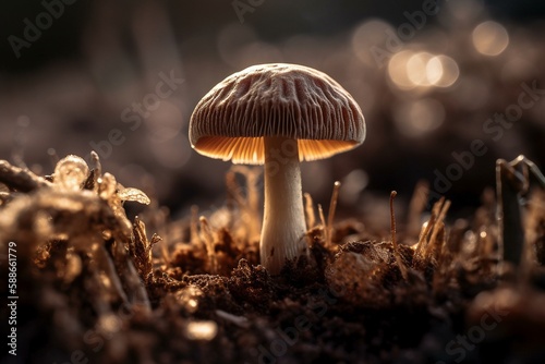 Fragile Mushroom Emerging from Rich Soil, Generative AI