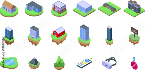 Metaverse land icons set isometric vector. Vr map. Business space