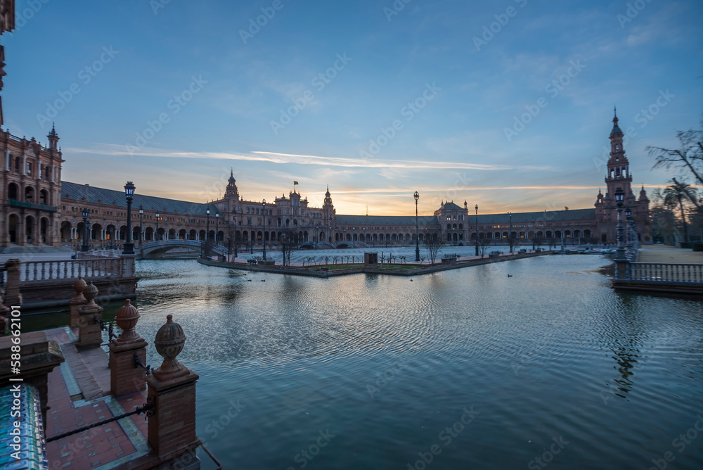 Fototapeta premium Plaza de España is a square located in Seville, Spain and was built for the Iberian-American Expo, and it has an important place in Spanish architecture, with both Mughal and Renaissance influences