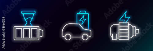 Set line Electric motor, Battery charge and car icon. Glowing neon. Vector