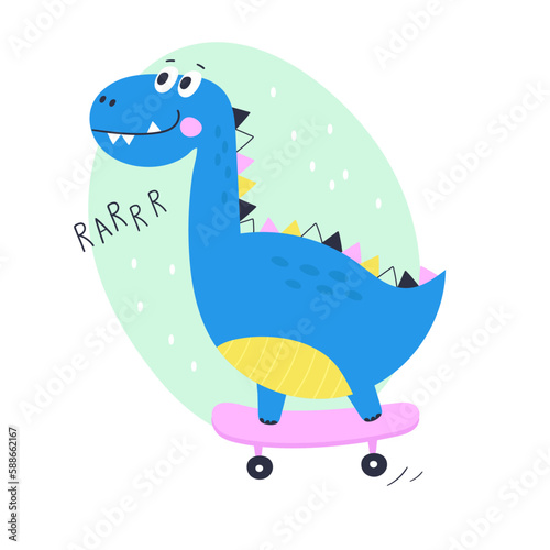Cute cartoon dino rides on skateboard. Kids print. Vector Illustration