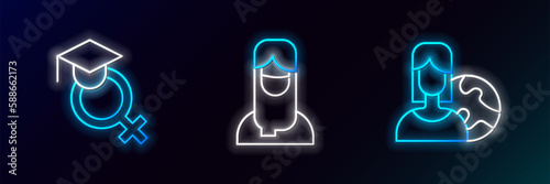 Set line Women from different countries, Teacher and Muslim woman in hijab icon. Glowing neon. Vector