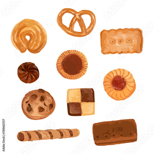 Assorted Cookies Isolated on White Background. Hand Drawn Watercolor Vector Illustration