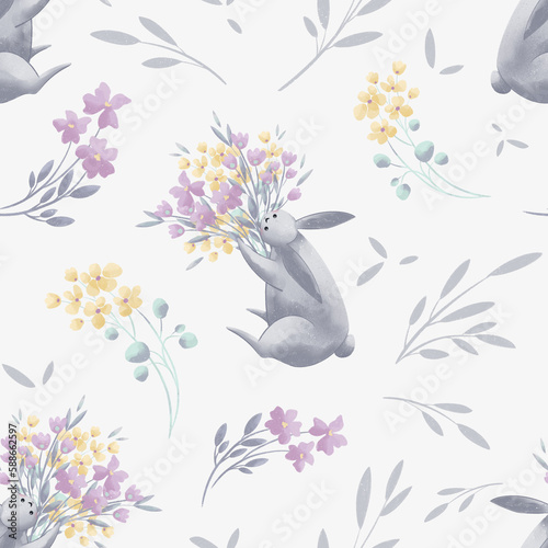 Seamless pattern with cute bunny and spring flowes in hand draw style on a gray background. Easter design. Children illustration.